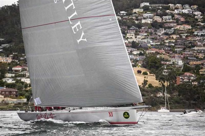 Wild Oats XI at the finish line in Hobart, setting a new race record of 1 day 18 hours 23 mins 12 secs © ROLEX-Carlo Borlenghi